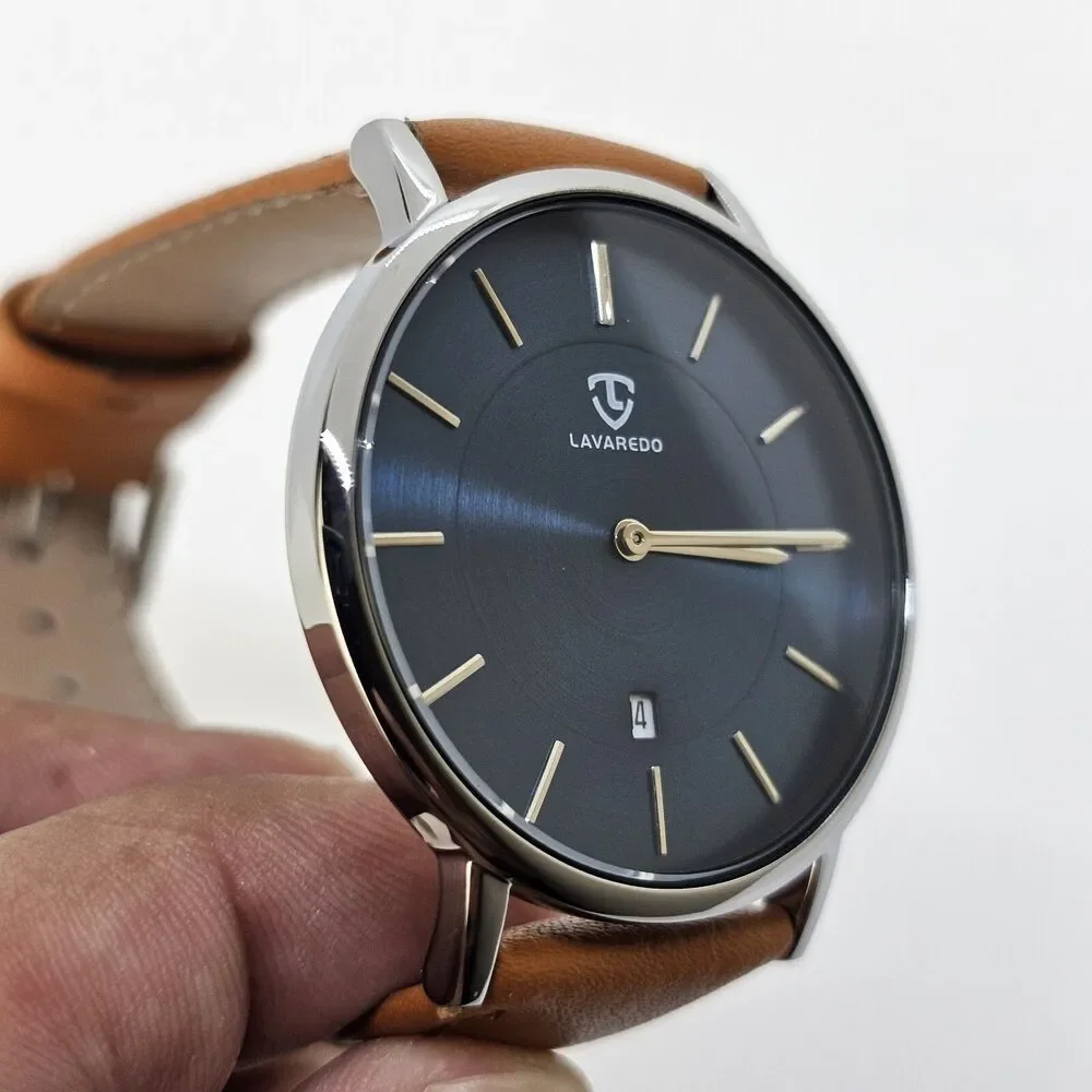 Men's Watch Minimalist 40MM Gray Case Blue Dial Date Light‎ Brown Leather Straps